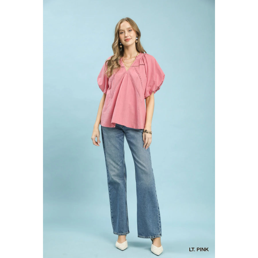 Umgee Lace Inset Puff Sleeve Boho Blouse Apparel and Accessories