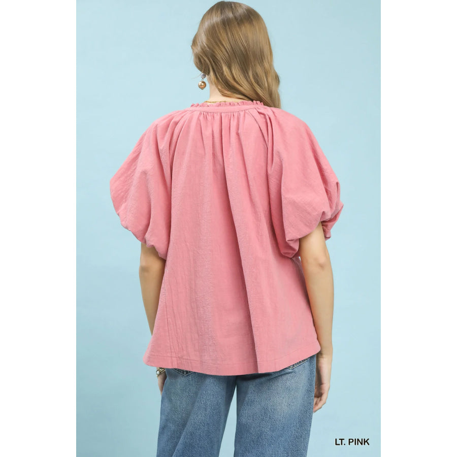 Umgee Lace Inset Puff Sleeve Boho Blouse Apparel and Accessories
