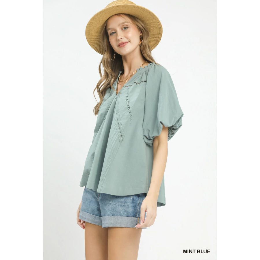 Umgee Lace Inset Puff Sleeve Boho Blouse Apparel and Accessories