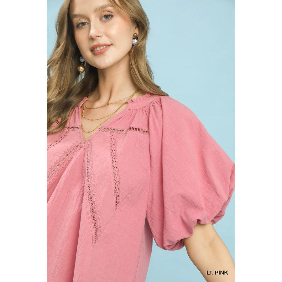 Umgee Lace Inset Puff Sleeve Boho Blouse Apparel and Accessories