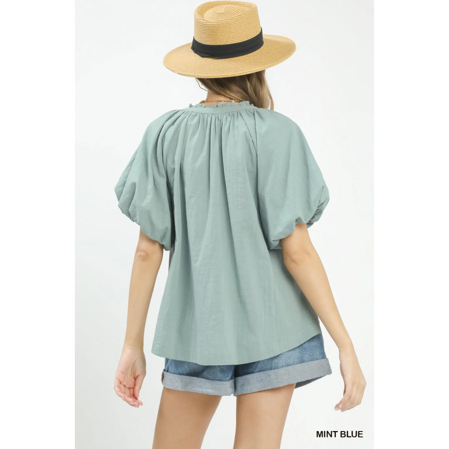 Umgee Lace Inset Puff Sleeve Boho Blouse Apparel and Accessories