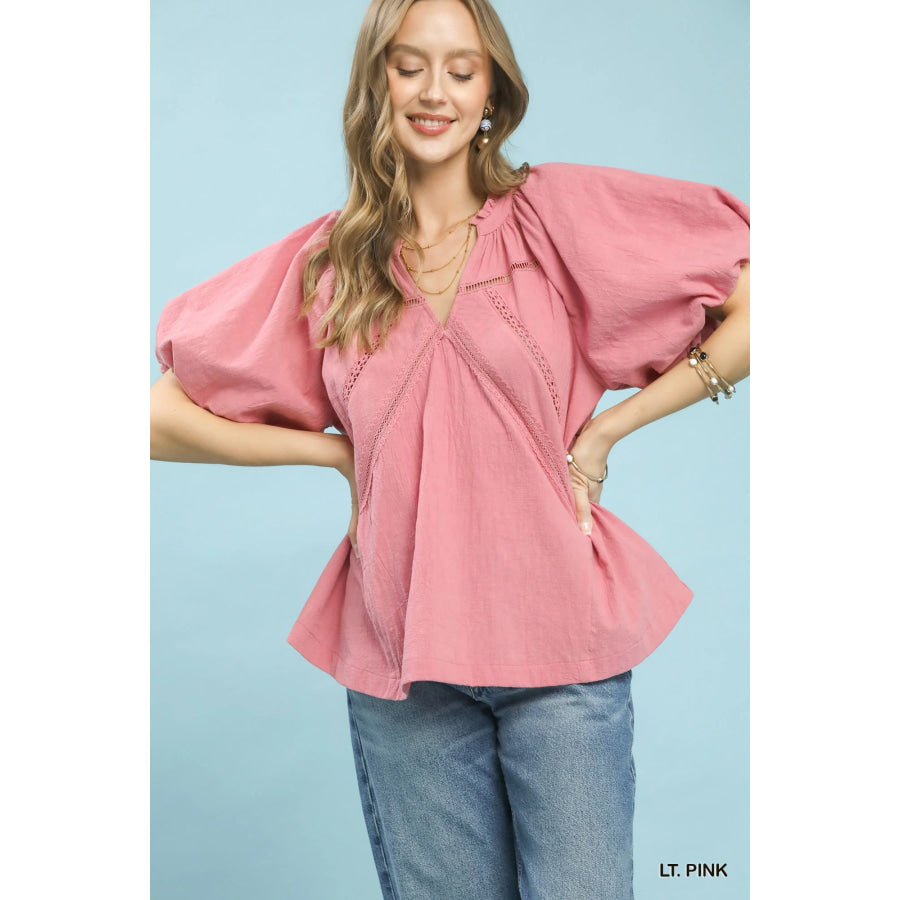 Umgee Lace Inset Puff Sleeve Boho Blouse LT. PINK / S Apparel and Accessories