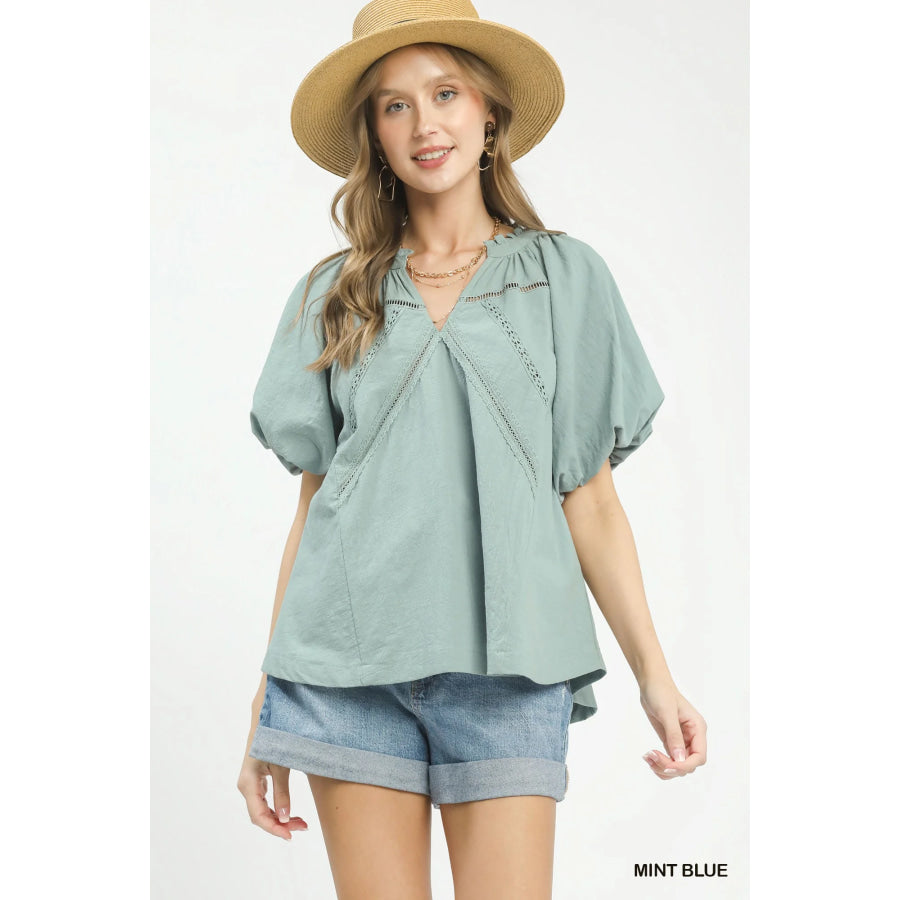 Umgee Lace Inset Puff Sleeve Boho Blouse MINT BLUE / S Apparel and Accessories