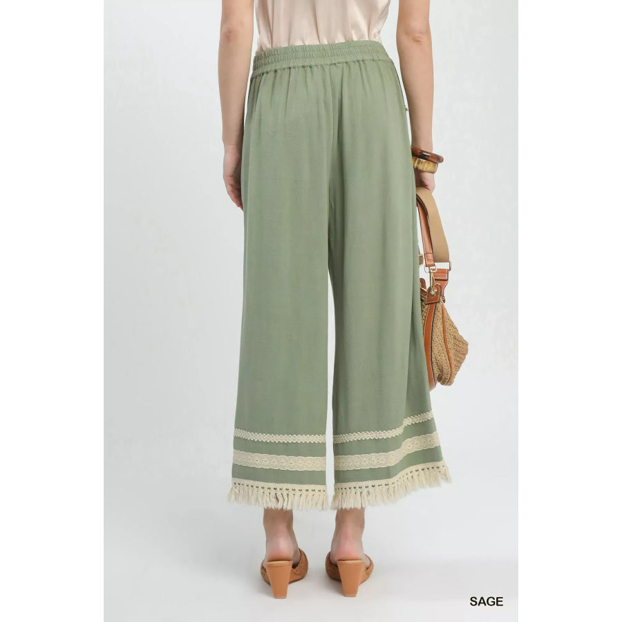 Umgee Lace Trim Fringe Hem Wide Leg Pants Apparel and Accessories