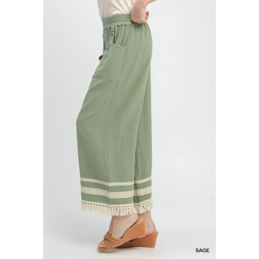 Umgee Lace Trim Fringe Hem Wide Leg Pants Apparel and Accessories
