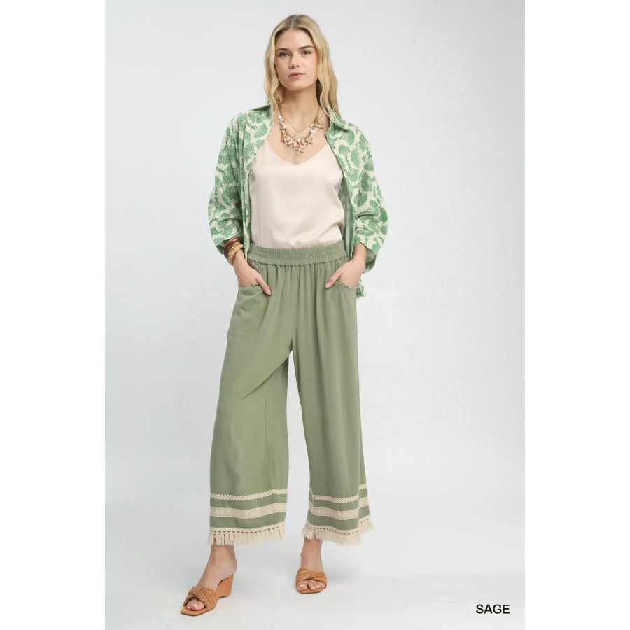 Umgee Lace Trim Fringe Hem Wide Leg Pants Apparel and Accessories