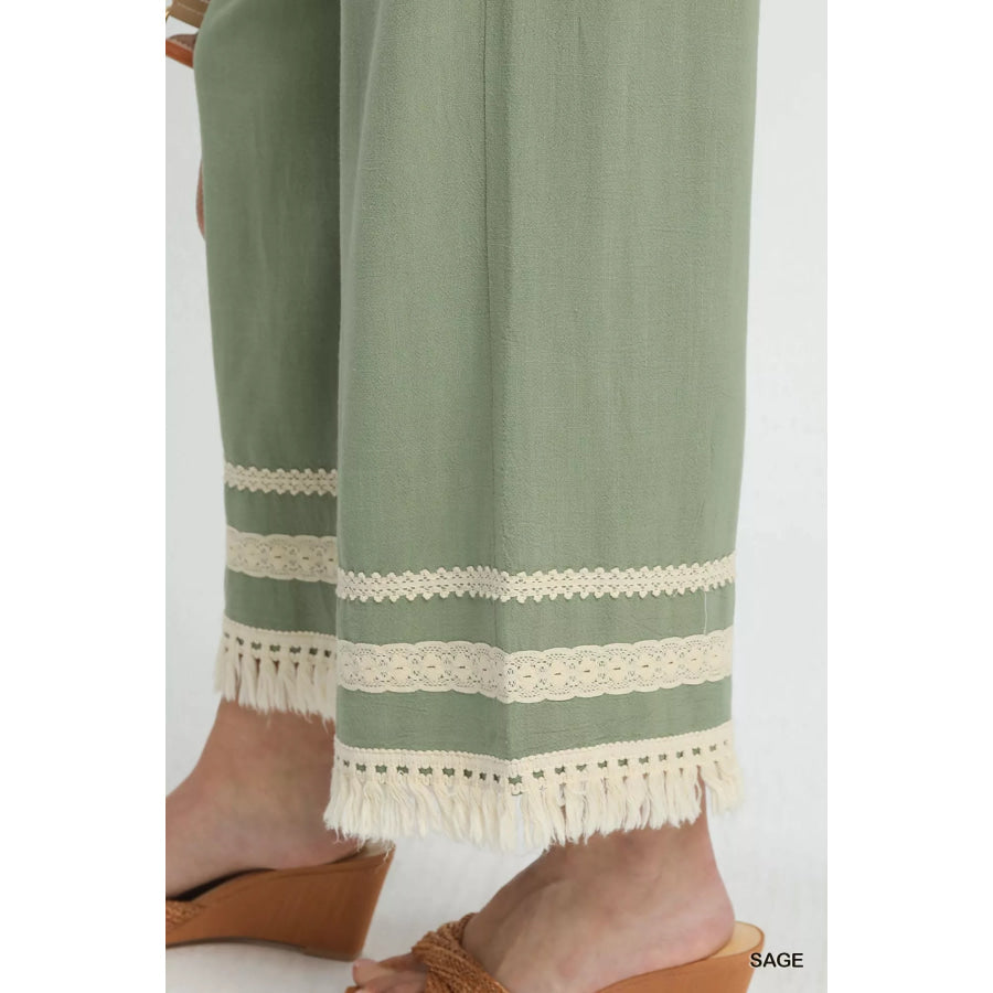 Umgee Lace Trim Fringe Hem Wide Leg Pants Apparel and Accessories