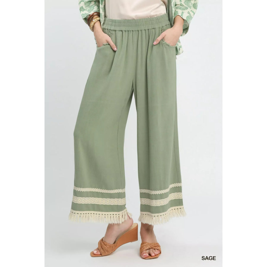 Umgee Lace Trim Fringe Hem Wide Leg Pants SAGE / S Apparel and Accessories