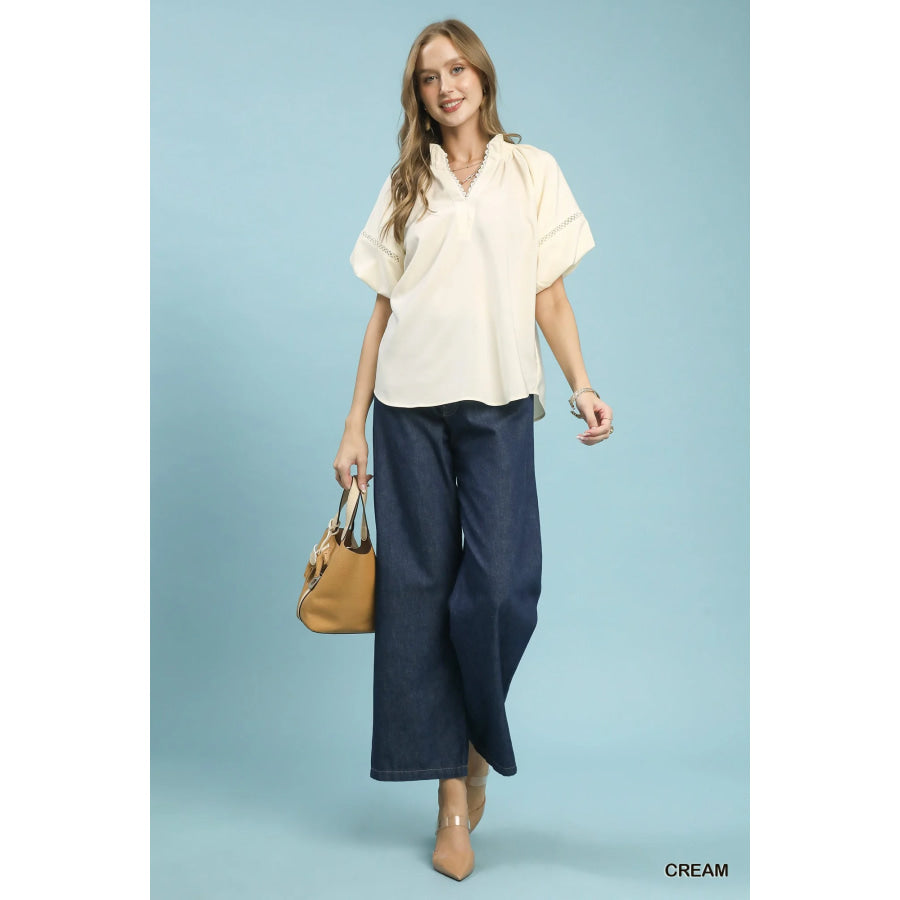 Umgee Lace Trim Peasant Top Apparel and Accessories