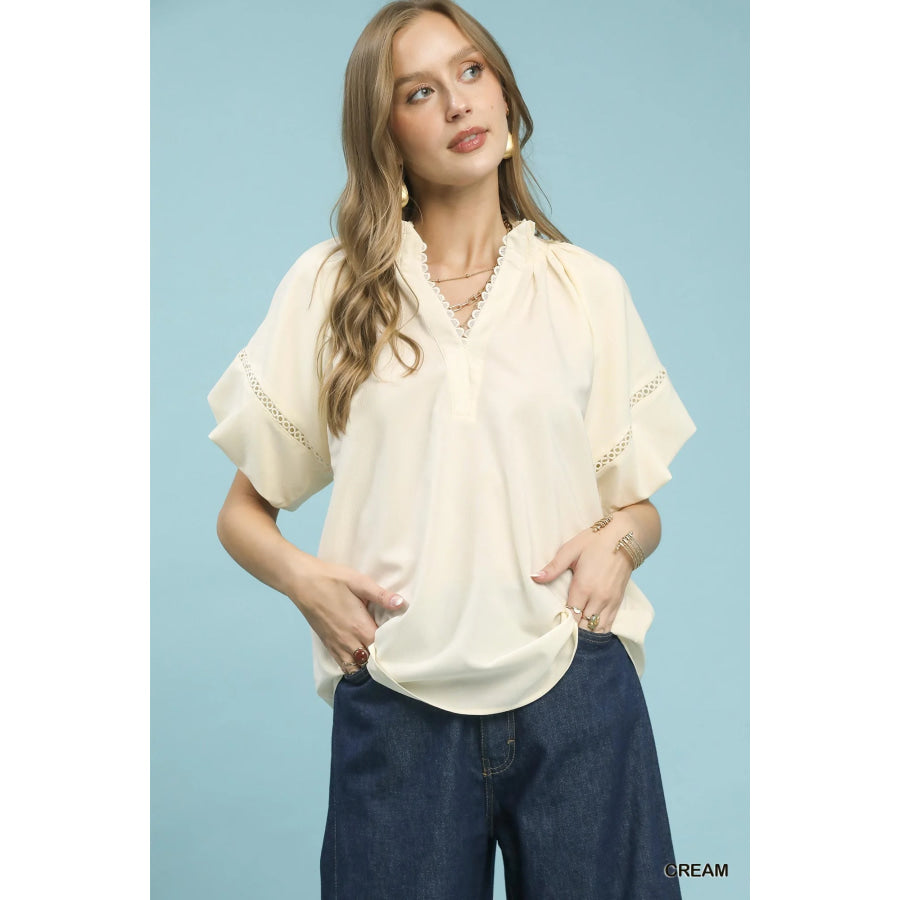 Umgee Lace Trim Peasant Top Cream / S Apparel and Accessories