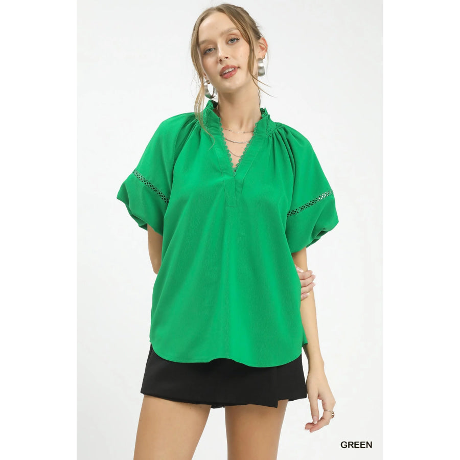Umgee Lace Trim Peasant Top Green / S Apparel and Accessories