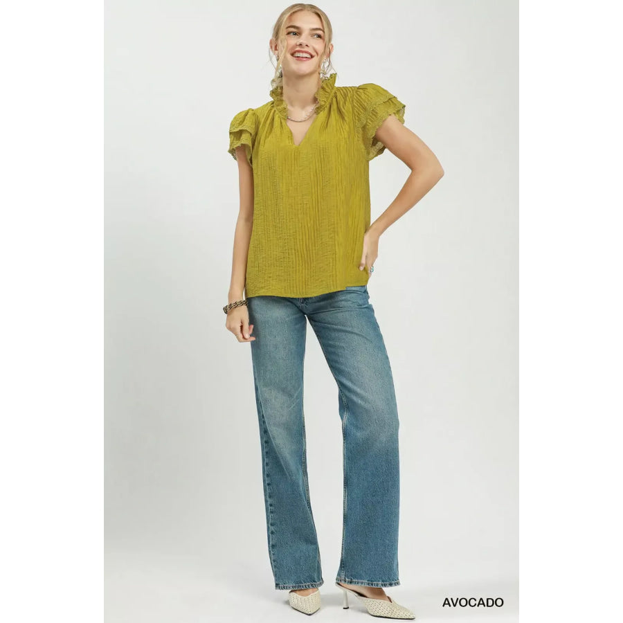 Umgee Lace Trim Ruffle Top Apparel and Accessories