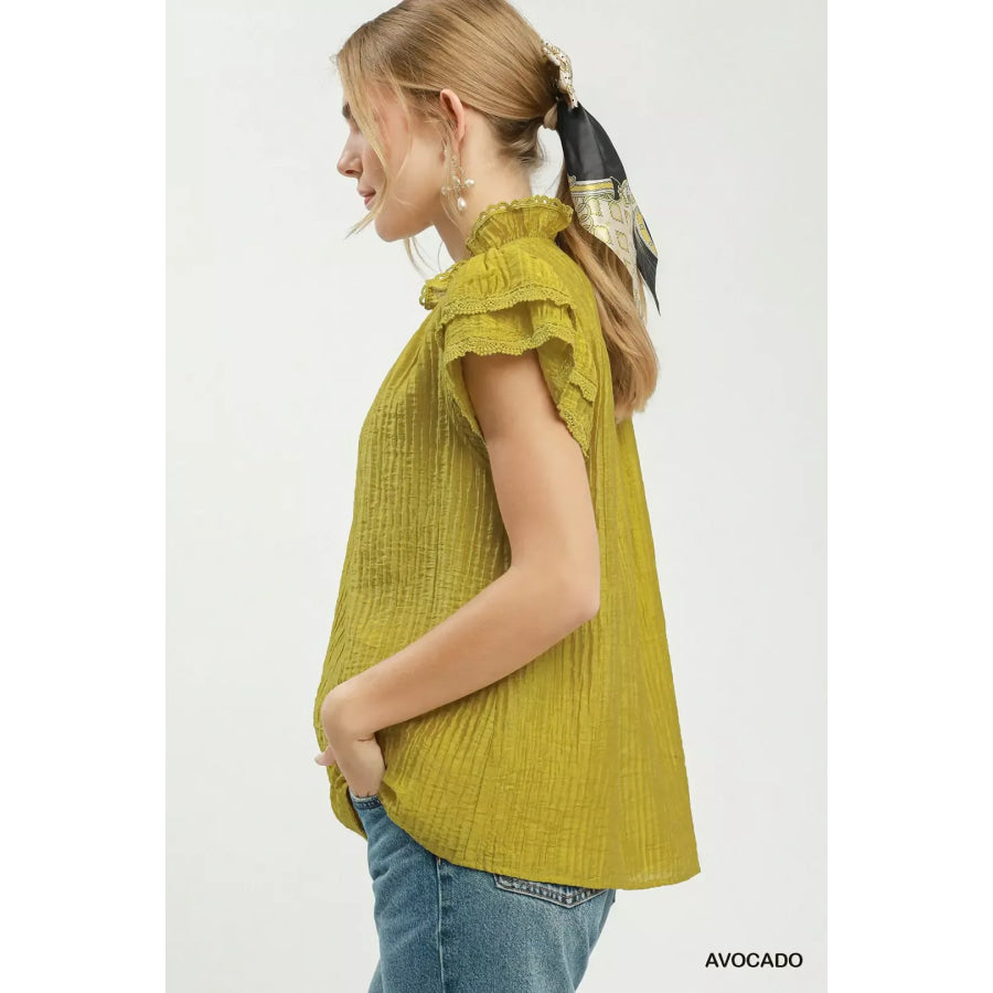 Umgee Lace Trim Ruffle Top Apparel and Accessories
