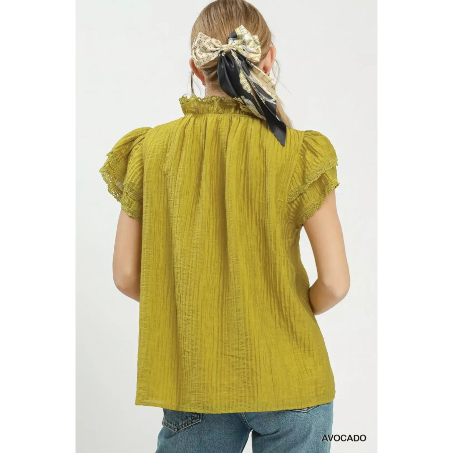 Umgee Lace Trim Ruffle Top Apparel and Accessories