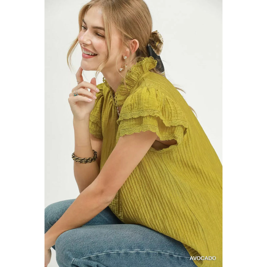 Umgee Lace Trim Ruffle Top Apparel and Accessories