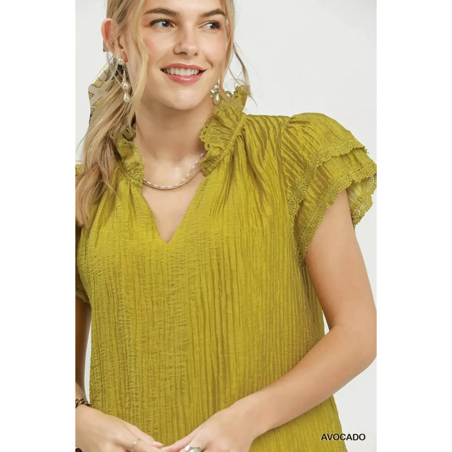 Umgee Lace Trim Ruffle Top Apparel and Accessories