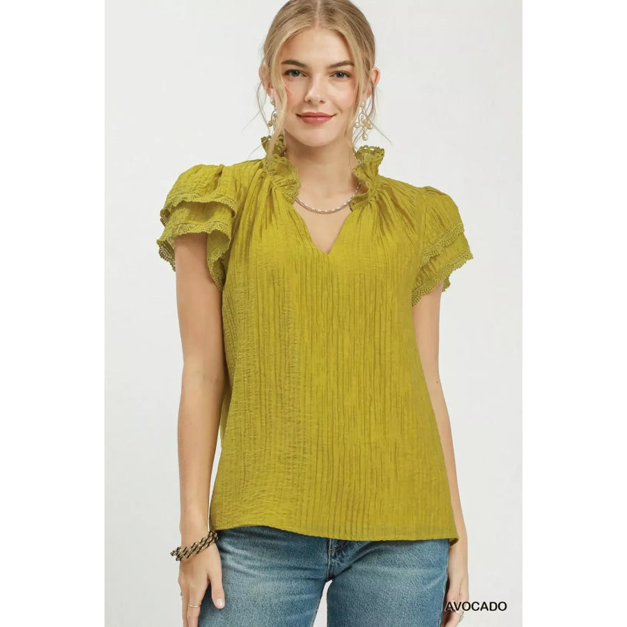 Umgee Lace Trim Ruffle Top AVOCADO / S Apparel and Accessories
