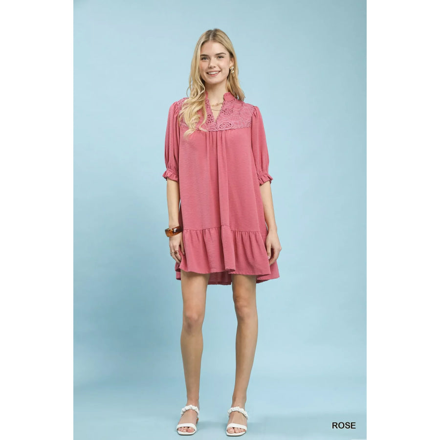 Umgee Lace Yoke Tiered Mini Dress Apparel and Accessories