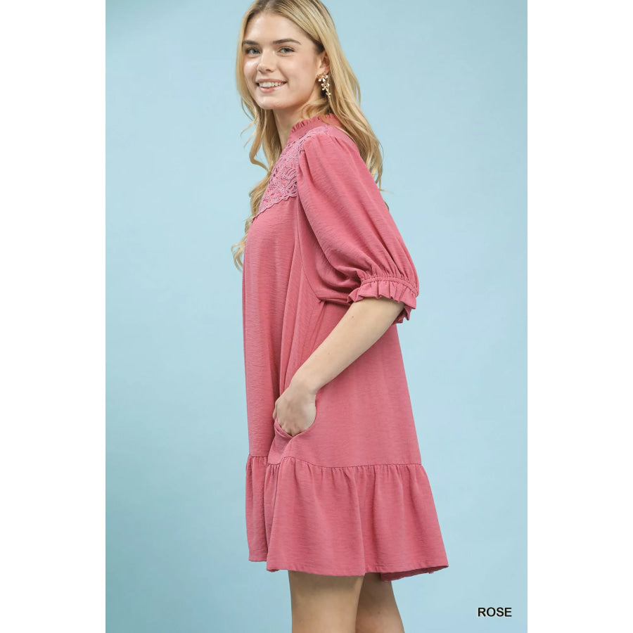 Umgee Lace Yoke Tiered Mini Dress Apparel and Accessories