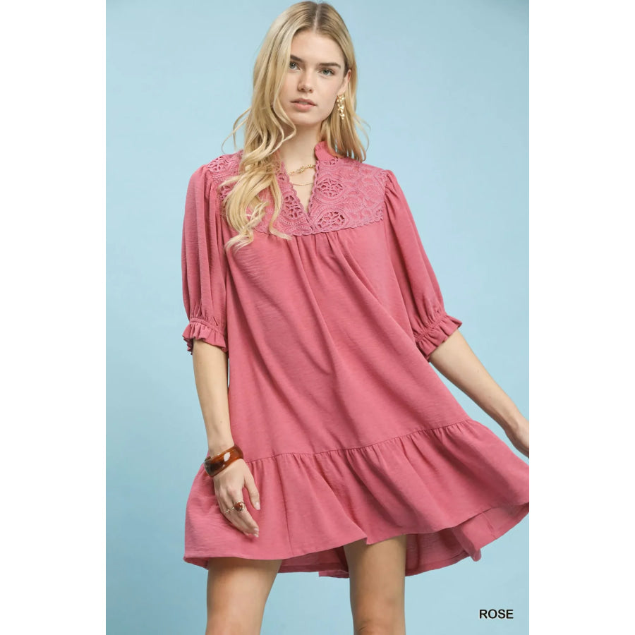 Umgee Lace Yoke Tiered Mini Dress ROSE / S Apparel and Accessories