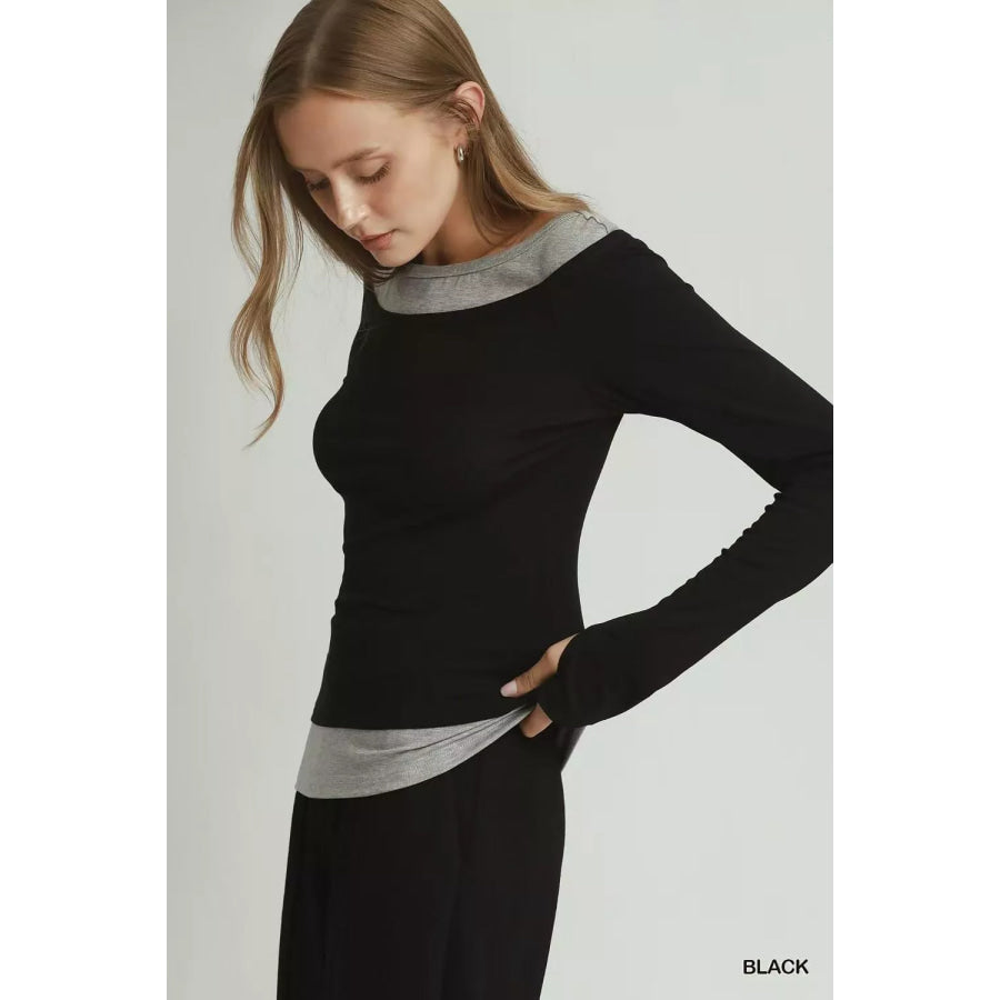 Umgee Layered Twofer Long Sleeve Top BLACK / S Apparel and Accessories