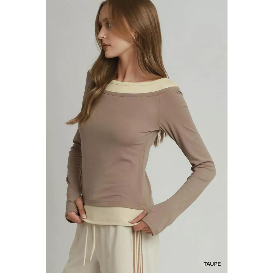 Umgee Layered Twofer Long Sleeve Top TAUPE / S Apparel and Accessories