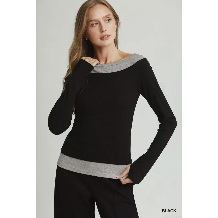 Umgee Layered Twofer Long Sleeve Top BLACK / S Apparel and Accessories