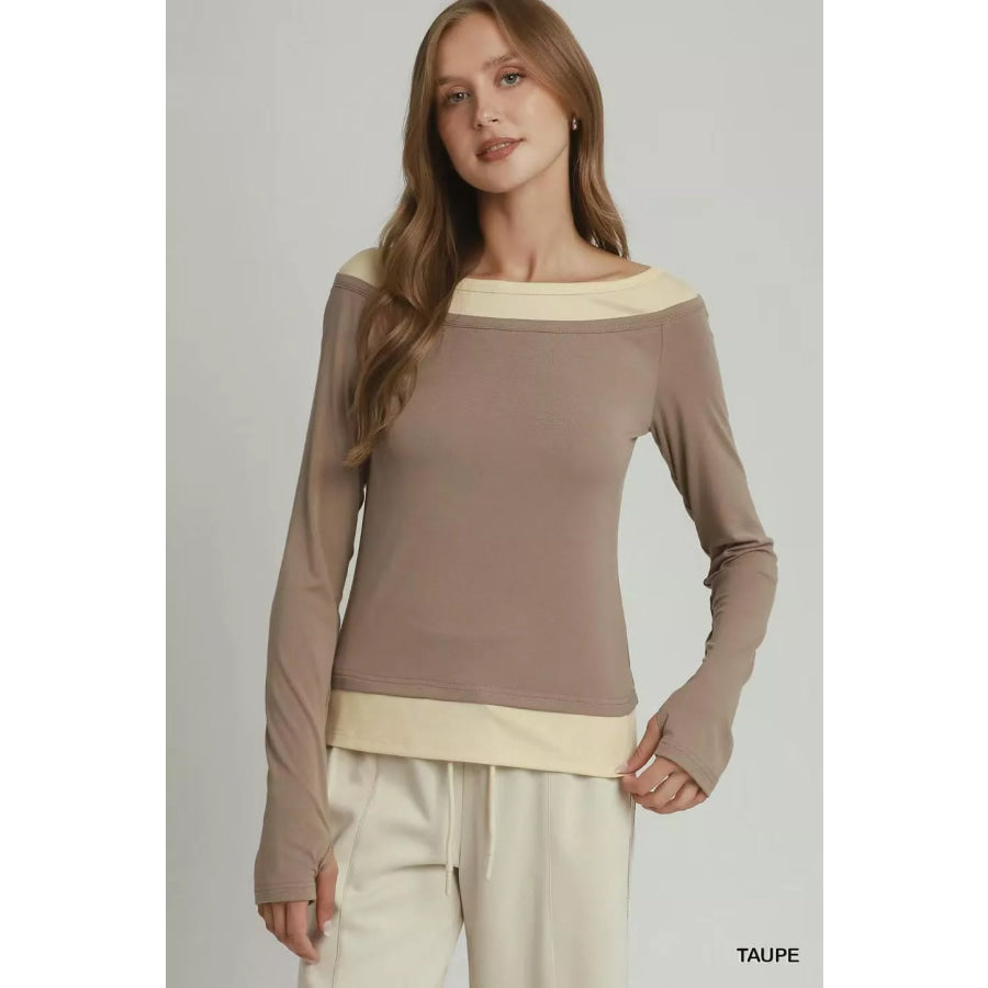 Umgee Layered Twofer Long Sleeve Top TAUPE / S Apparel and Accessories