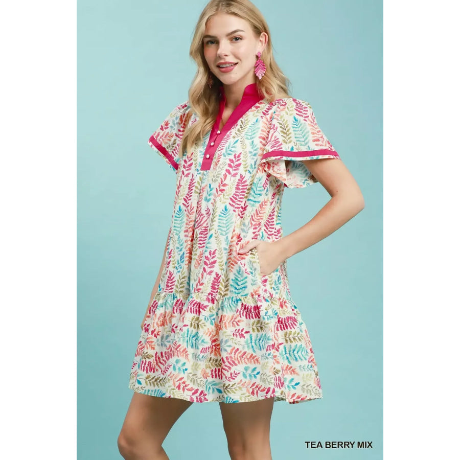 Umgee Leaf Print Flutter Sleeve Tiered Mini Dress Apparel and Accessories