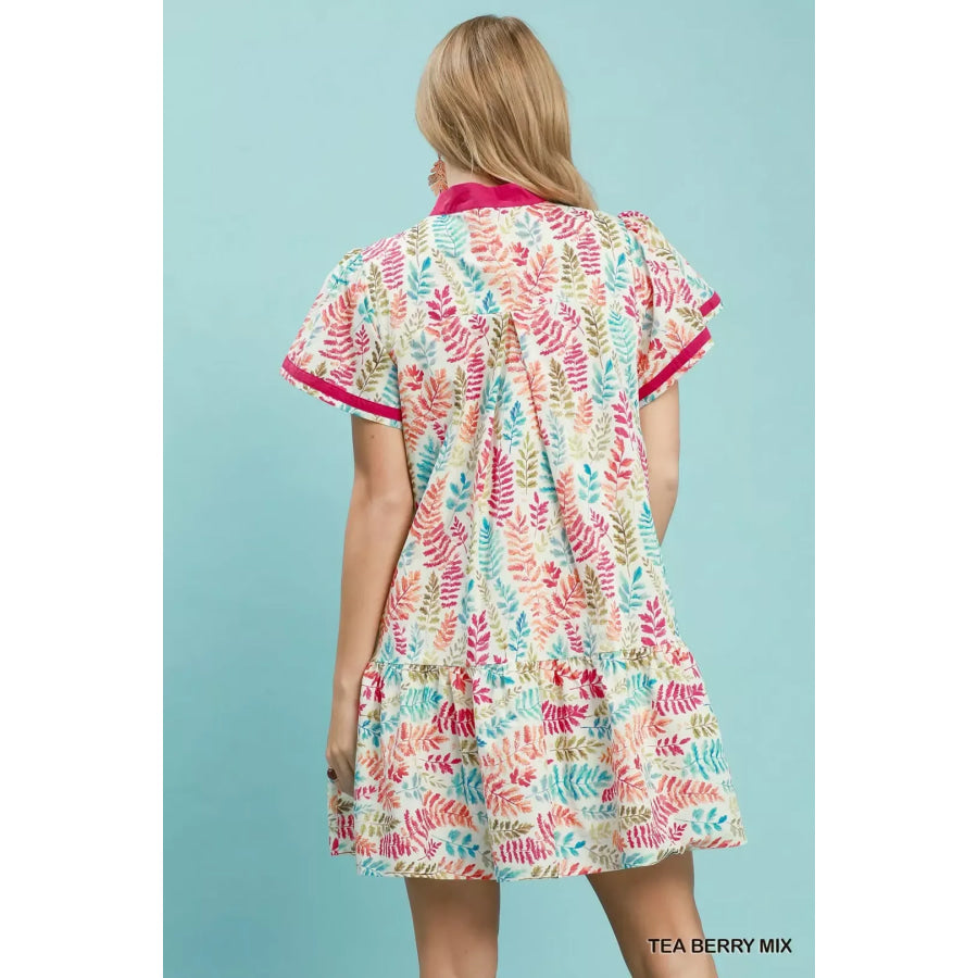 Umgee Leaf Print Flutter Sleeve Tiered Mini Dress Apparel and Accessories