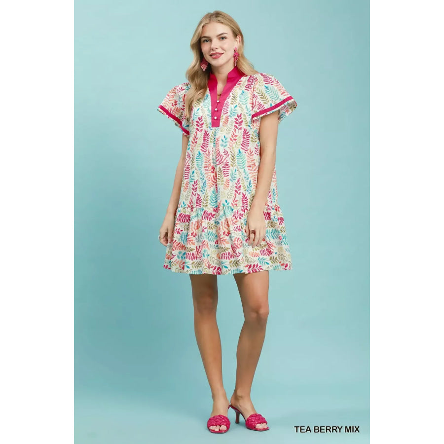 Umgee Leaf Print Flutter Sleeve Tiered Mini Dress Apparel and Accessories