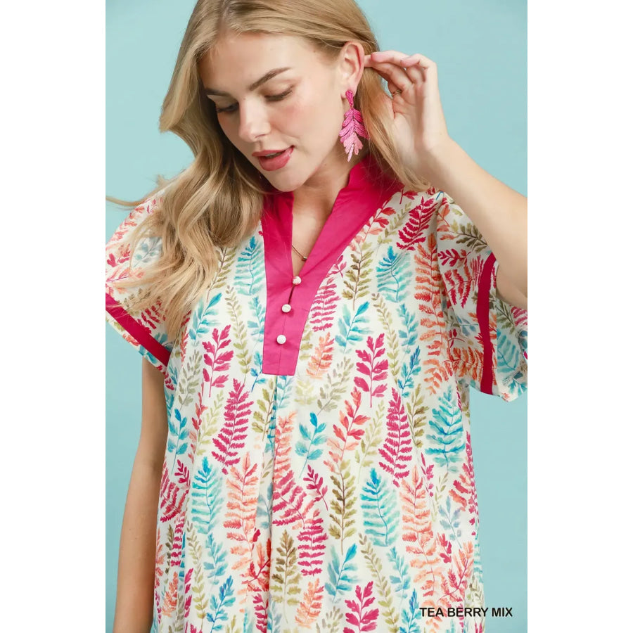 Umgee Leaf Print Flutter Sleeve Tiered Mini Dress Apparel and Accessories