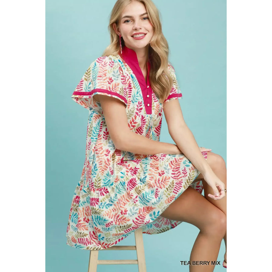 Umgee Leaf Print Flutter Sleeve Tiered Mini Dress Apparel and Accessories