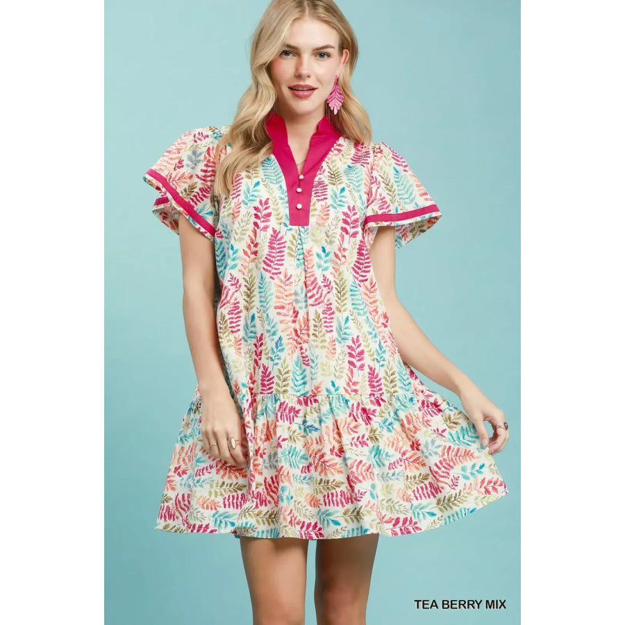 Umgee Leaf Print Flutter Sleeve Tiered Mini Dress TEA BERRY MIX / S Apparel and Accessories
