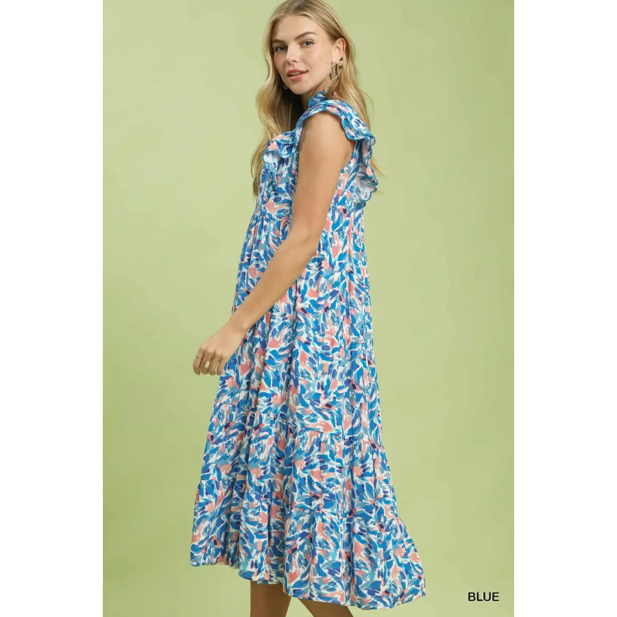 Umgee Leaf Print Midi Tiered Dress with Side Pockets Apparel and Accessories