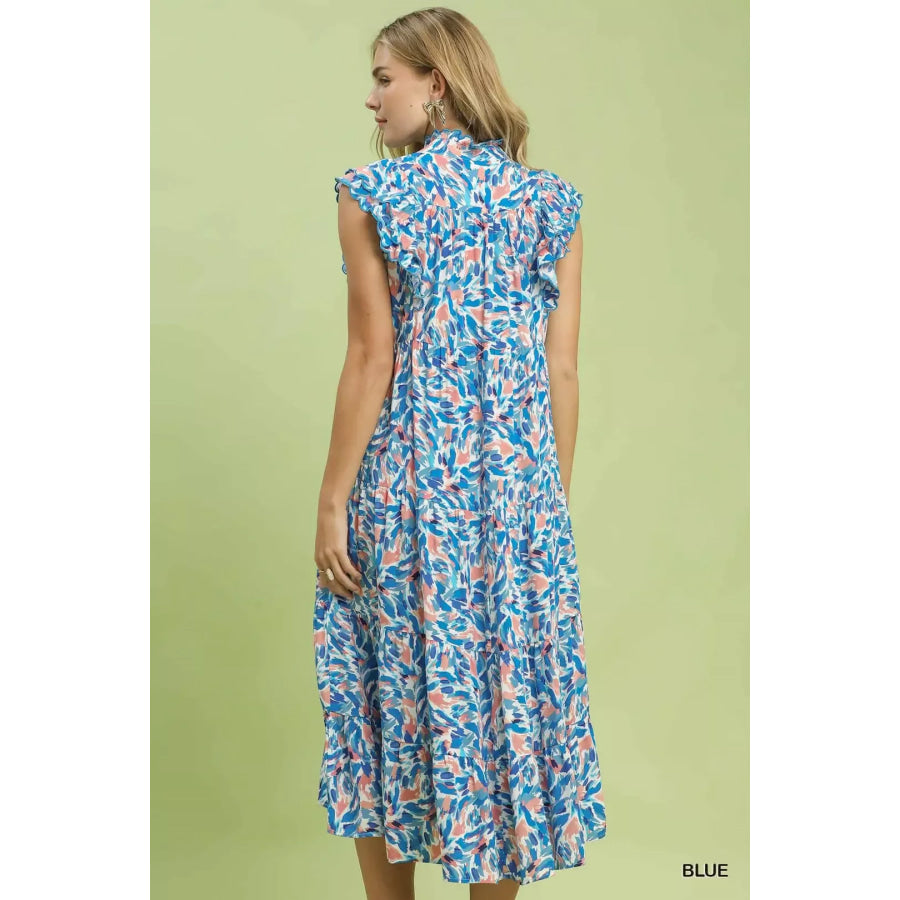 Umgee Leaf Print Midi Tiered Dress with Side Pockets Apparel and Accessories