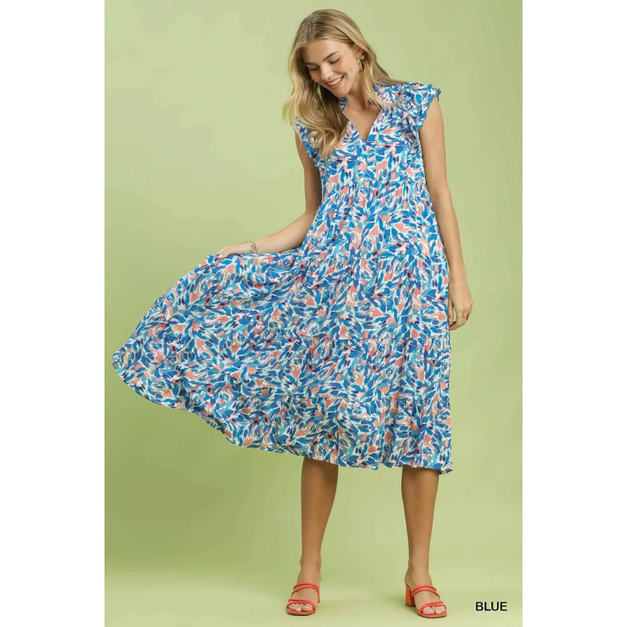 Umgee Leaf Print Midi Tiered Dress with Side Pockets Apparel and Accessories