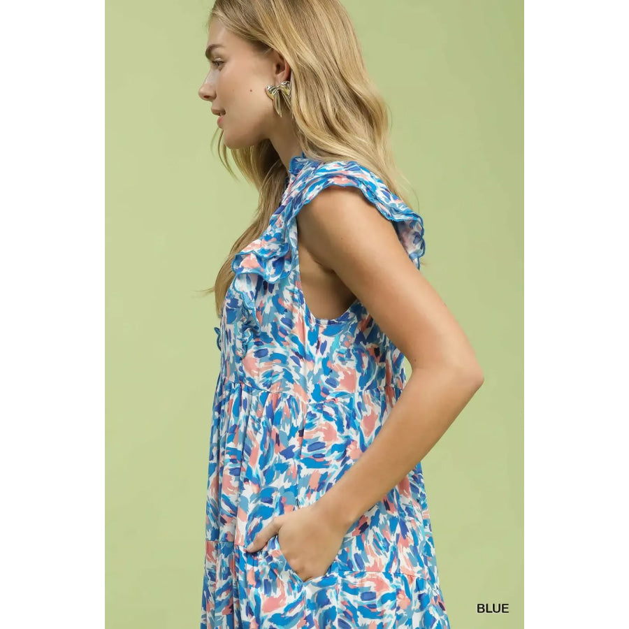Umgee Leaf Print Midi Tiered Dress with Side Pockets Apparel and Accessories