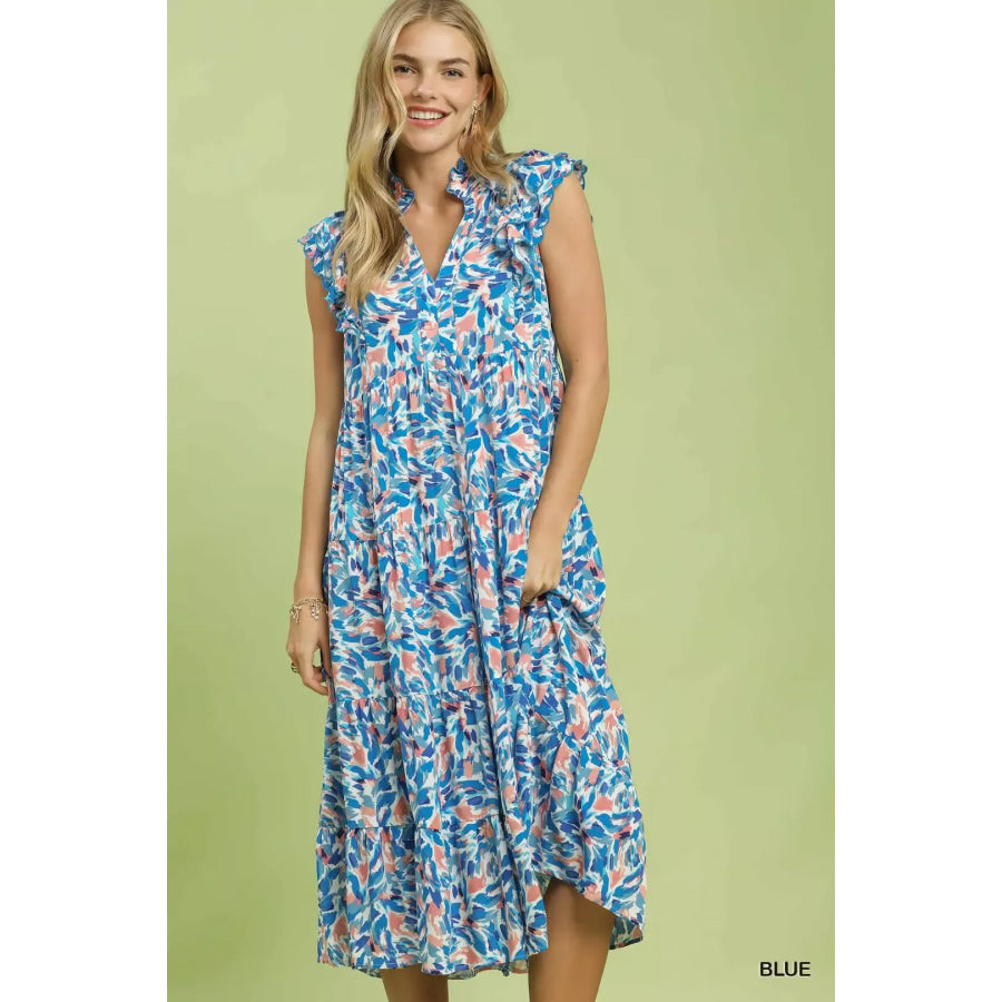 Umgee Leaf Print Midi Tiered Dress with Side Pockets BLUE / S Apparel and Accessories