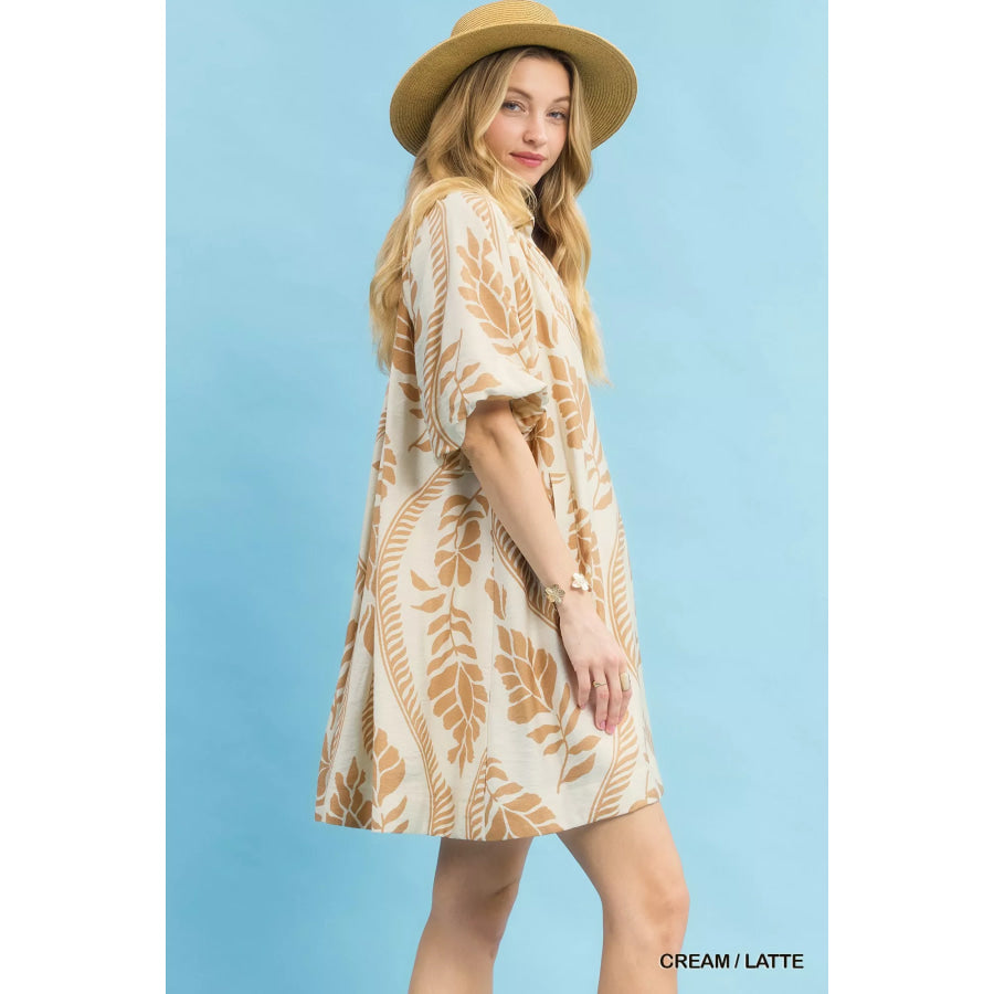 Umgee Leafy Ogee Print Mini Dress CREAM / LATTE / S Apparel and Accessories