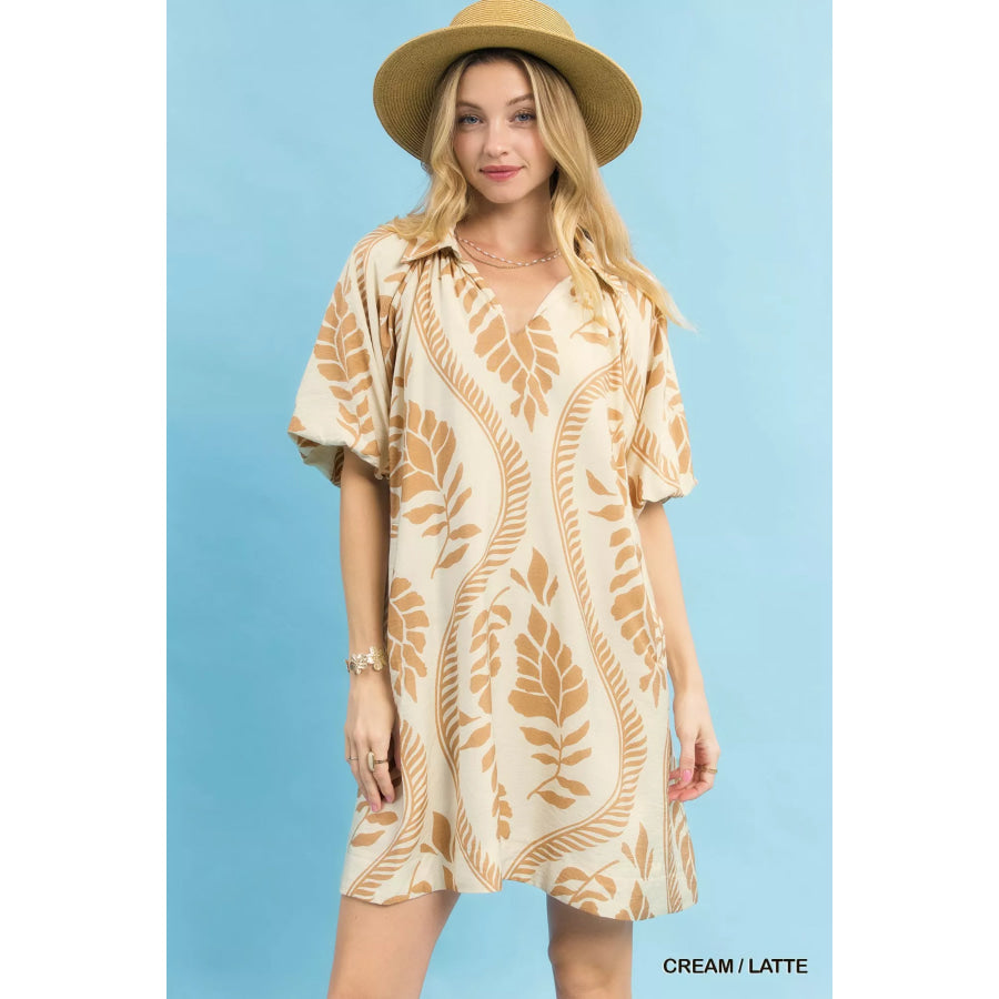Umgee Leafy Ogee Print Mini Dress CREAM / LATTE / S Apparel and Accessories