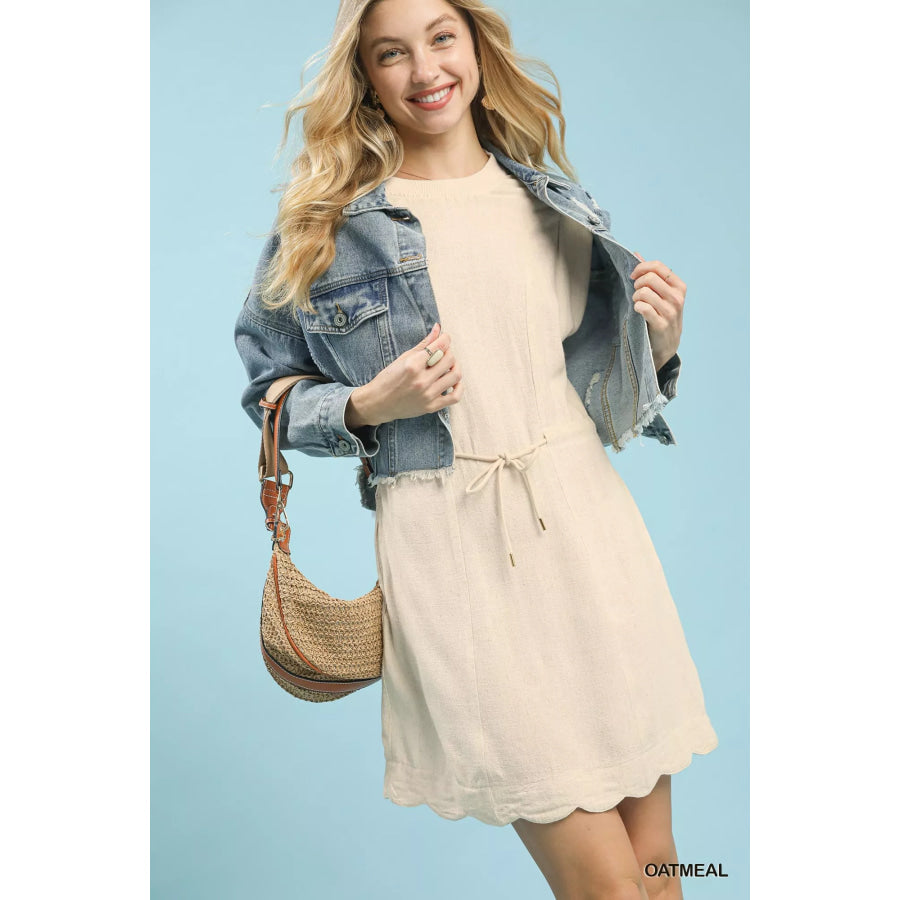 Umgee Linen Blend Scallop Hem Mini Dress OATMEAL / S Apparel and Accessories