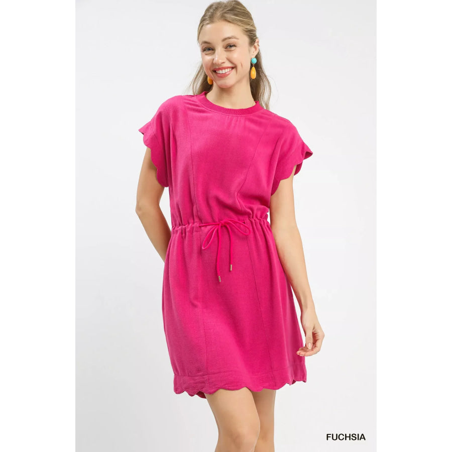 Umgee Linen Blend Scallop Hem Mini Dress FUCHSIA / S Apparel and Accessories