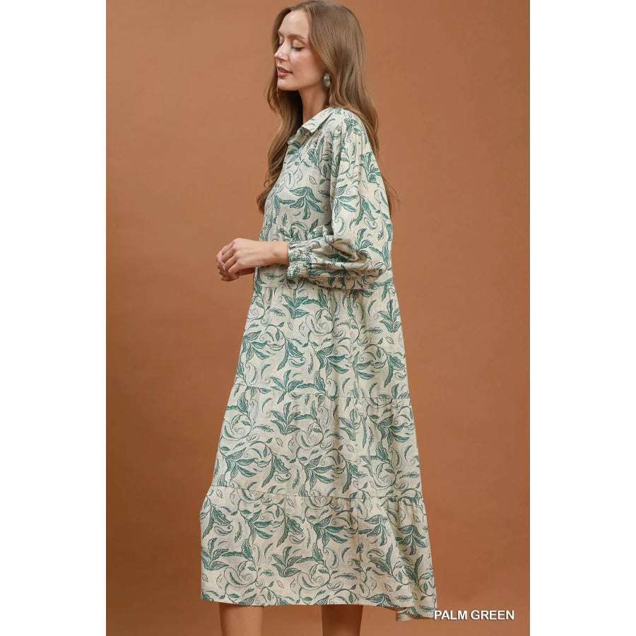 Umgee Linen Botanical Print Tiered Midi Dress Apparel and Accessories