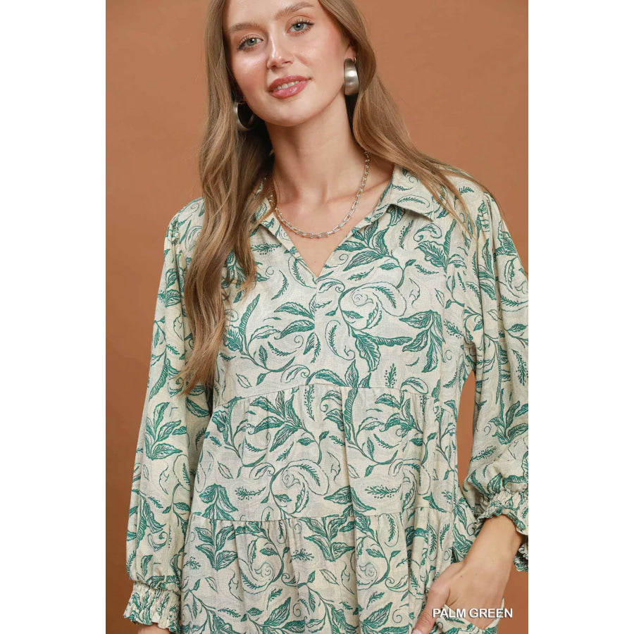 Umgee Linen Botanical Print Tiered Midi Dress Apparel and Accessories