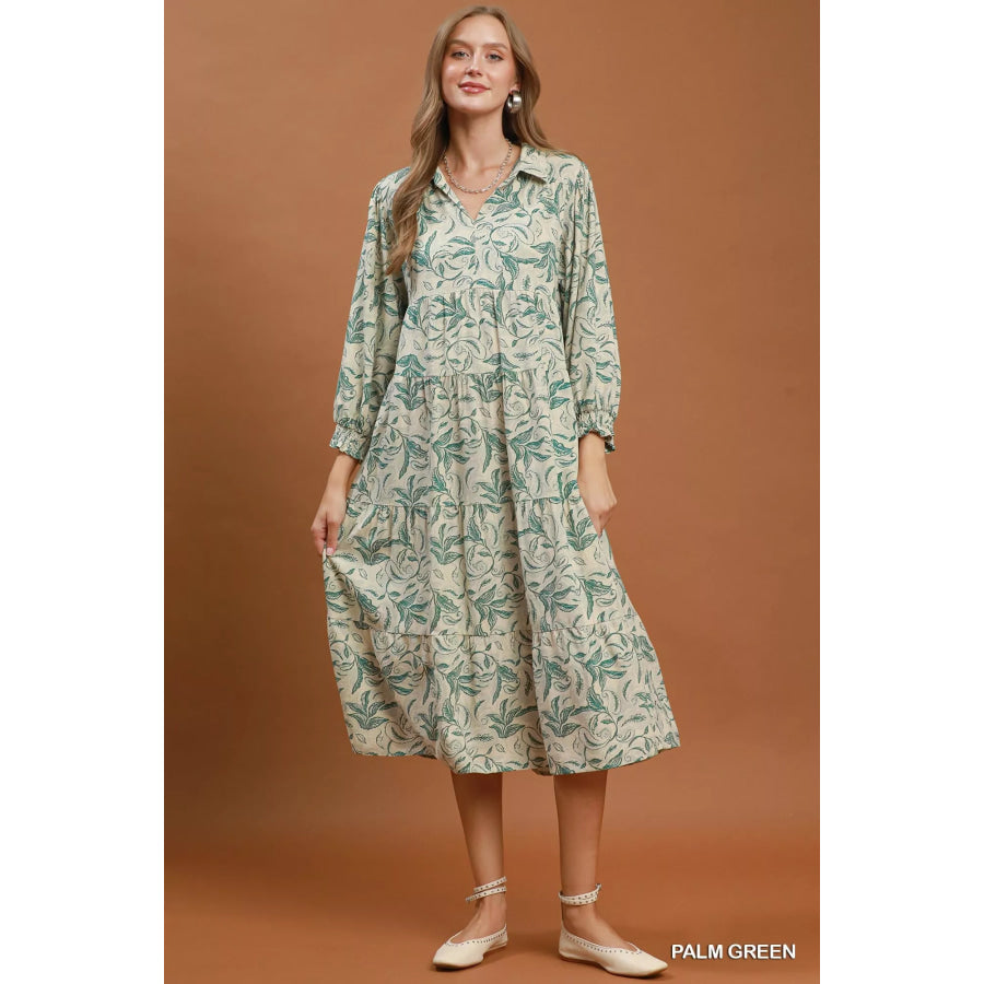 Umgee Linen Botanical Print Tiered Midi Dress Apparel and Accessories