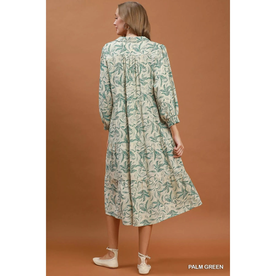 Umgee Linen Botanical Print Tiered Midi Dress Apparel and Accessories