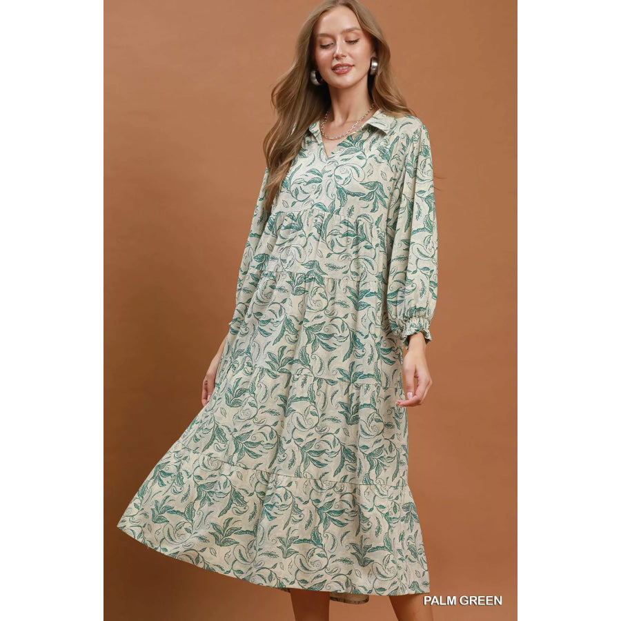 Umgee Linen Botanical Print Tiered Midi Dress PALM GREEN / S Apparel and Accessories
