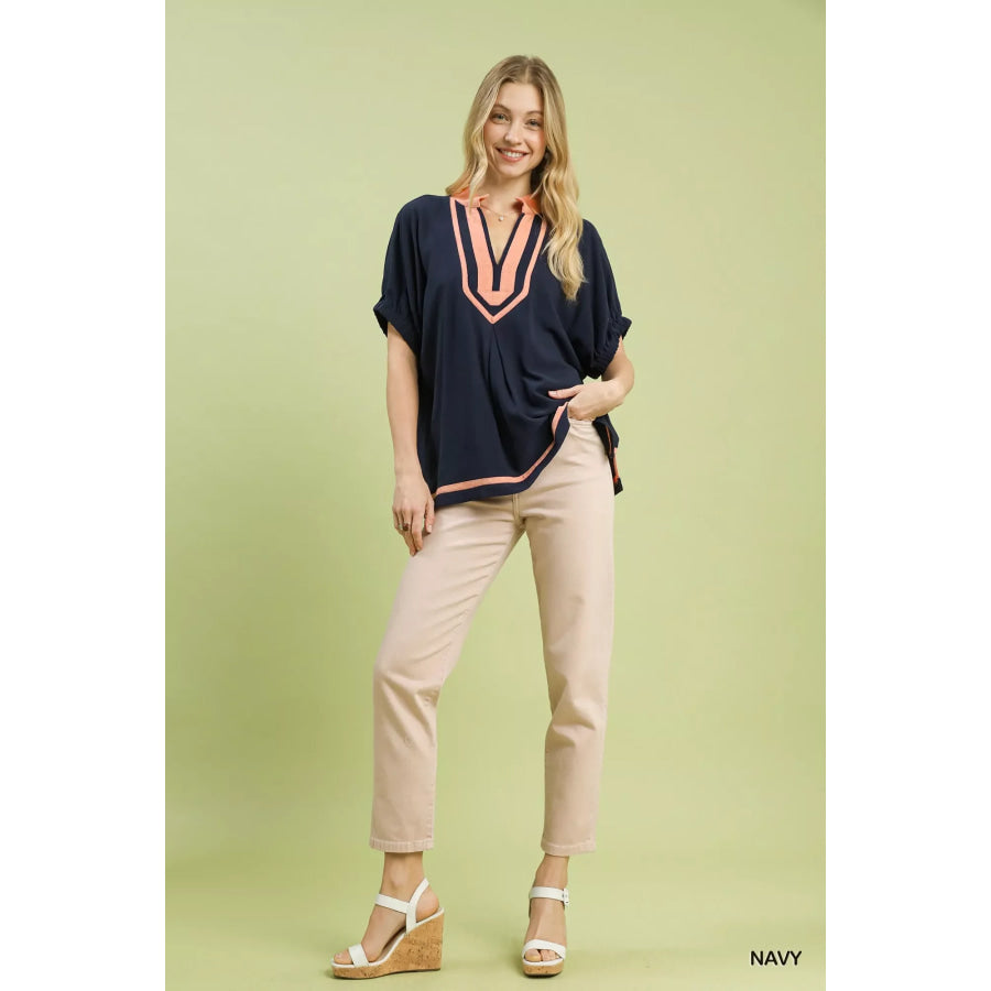 Umgee Linen Contrast Trim V-Neck Blouse Apparel and Accessories