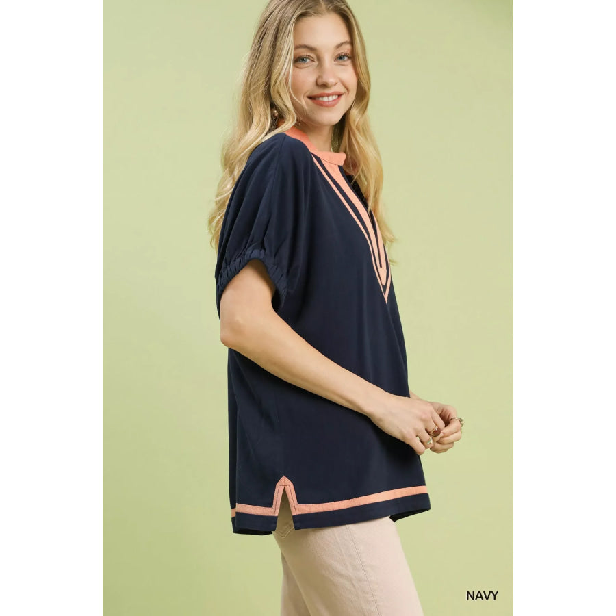 Umgee Linen Contrast Trim V-Neck Blouse Apparel and Accessories